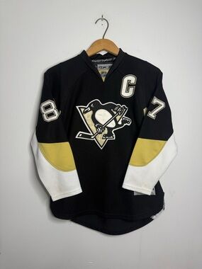 Reebok Pittsburgh Penguins #87 Captain Black Hockey Jersey Youth L/XL